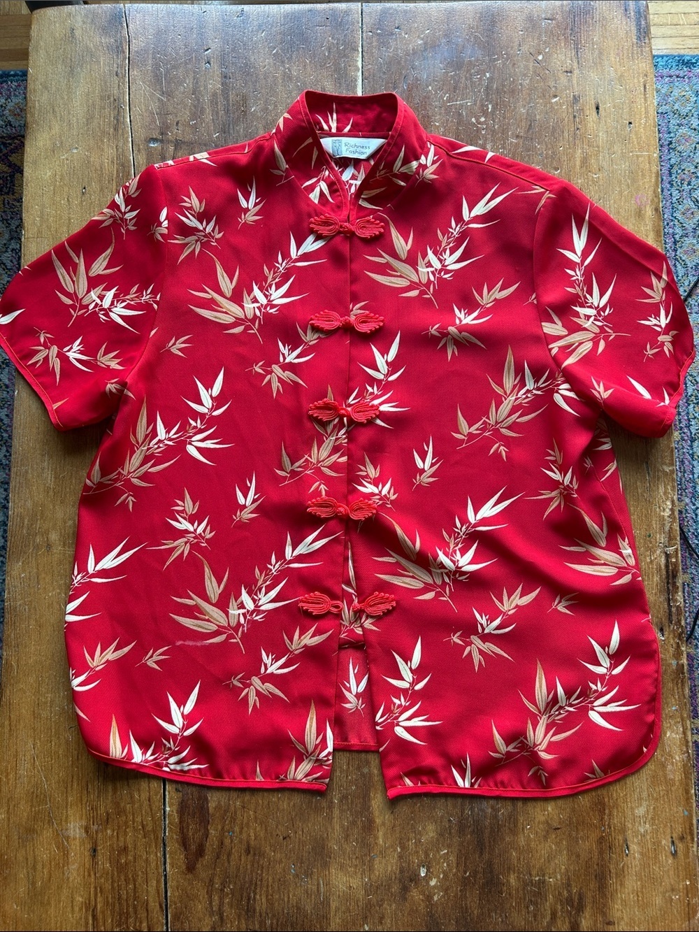 Vintage Red Mandarin Collar Blouse • Bamboo Print • Chinese Frog Closure Top